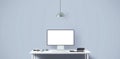 New computer display and office tools on desk. Modern creative workspace background. Front view. Royalty Free Stock Photo