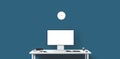 New computer display and office tools on desk. Modern creative workspace background. Front view. Royalty Free Stock Photo