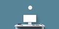 New computer display and office tools on desk. Modern creative workspace background. Front view. Royalty Free Stock Photo