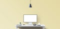New computer display and office tools on desk. Modern creative workspace background. Front view. Royalty Free Stock Photo