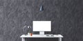 New computer display and office tools on desk. Modern creative workspace background. Front view. Royalty Free Stock Photo