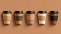 Mockup set of 3D craft coffee cup with plastic lid cover and empty branding design. Brown disposable packaging for Royalty Free Stock Photo