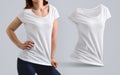 Mockup Set with fit young woman in the blank t-shirt and shape Royalty Free Stock Photo