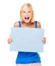 Mockup, shocked and winner or woman with a board advertising, marketing and billboard for sale, deal or giveaway
