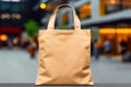 Mockup shopper tote bag handbag on supermarket mall background. Copy space shopping eco reusable bag. Grocery accessories.