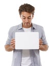 Mockup, sign and man on poster, advertising and space isolated on a white studio background. Face, paper and person show