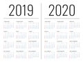 Mockup Simple calendar Layout for 2019 and 2020 years. Week starts from Monday