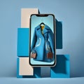 Mockup of smartphone with blue jacket on hanger on blue background