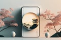 Mockup of smartphone with japanese house and cherry blossom