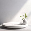 Mockup smooth round white podium with white vase, white table countertop