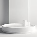 Mockup smooth round white podium with white jars, white table countertop