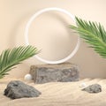 Mockup Stone Platform For Show Product With Palm Leaf On The Beach Abstract Background 3d Render