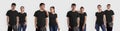 Mockup of a stylish black T-shirt on a couple, a girl, a guy, isolated on a background in the studio