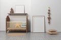 Mockup template with frames square and A4 standing in kids child newborn room with wooden decor