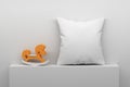 Mockup template with little toy hourse and white blank pillow