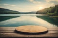 mockup template A round coaster on a wooden table. ai generative Royalty Free Stock Photo