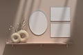 Mockup template wall gallery, set of 3 frames - oval and two A4 horizontal hanging on beige wall with decorative vases with plants