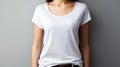 Mockup template of a woman in a white t shirt for design print studio, isolated on a light gray wall Royalty Free Stock Photo
