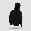 Mockup textured black hoodie with drawstring hood, zipper, pocket, cuffs, for design presentation, print, front view