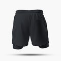 Mockup of textured black shorts 3D rendering, with compression lining, elasticated loop, isolated on background, back view