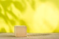 Mockup. Textured cube of beige surface on a yellow background with shadows from plants. Copy space