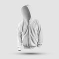 Mockup textured white hoodie with drawstring hood, zipper closure, pocket, cuffs, for presentation of design, print, front view