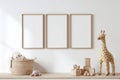 Minimalist Kids\' Room with Blank Frames, Plush Giraffe and Wooden Toys Royalty Free Stock Photo