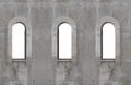 mockup. 3 three white empty Windows in granite stone wall background. mock up. Arch shaped window and window box. mock-up Royalty Free Stock Photo