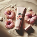 mockup of a tube of sunscreen and pink hibiscus flowers on the sand. ai generative