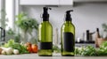 Mockup of two bottles of olive oil with black labels in the interior of a modern kitchen.created by AI Royalty Free Stock Photo