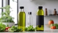 Mockup of two bottles of olive oil with black labels in the interior of a modern kitchen.created by AI Royalty Free Stock Photo