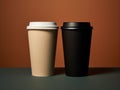 Mockup of two paper coffee cups on dark background. 3d rendering Generative AI Royalty Free Stock Photo
