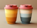 mockup of two paper coffee cups with striped lids