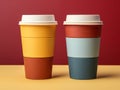 mockup of two paper coffee cups with striped lids