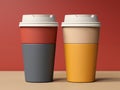 mockup of two paper coffee cups with striped lids