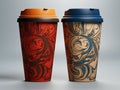 mockup of two paper coffee cups with striped lids