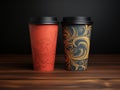 mockup of two paper coffee cups with striped lids