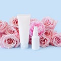 Mockup of two unbranded white plastic bottles for branding and light pink roses on pastel blue background. One of them is squeezed Royalty Free Stock Photo