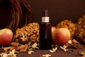 Mockup of unbranded brown spray bottle, cinnamon, autumn apples and dry hydrangea flowers on dark brown background Cosmetic