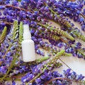 Mockup of unbranded white plastic spray bottle and lupine flowers on white wooden background. Natural organic spa cosmetics