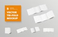 Mockup of vector square tri-fold, blank open and closed booklets, with realistic shadows, for design presentation