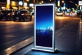 Mockup, vertical advertising banner billboard stand, blank white canvas, positioned on a sidewalk during night, surrounded by city Royalty Free Stock Photo