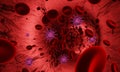 Mockup virus or bacteria and Red blood cells in an artery or blood vessel , flow inside body, medical human health-care.