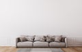 Mockup wall in farmhouse living room interior, beige sofa on white wall background