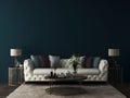 Mockup wall in luxury interior room with classic white furniture and dark teal painted wall Royalty Free Stock Photo