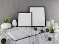 Mockup wall poster on a wooden tabletop. Royalty Free Stock Photo