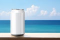 Mockup white aluminum can with refreshing drink or beer. Beautiful sea background and sky. copy space