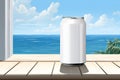 Mockup white aluminum can with refreshing drink or beer. Beautiful sea background and sky. copy space