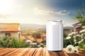 Mockup of a white aluminum can with a refreshing drink or beer. Beautiful summer background and sky. copy space.