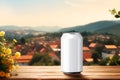 Mockup of a white aluminum can with a refreshing drink or beer. Beautiful summer background and sky. copy space.